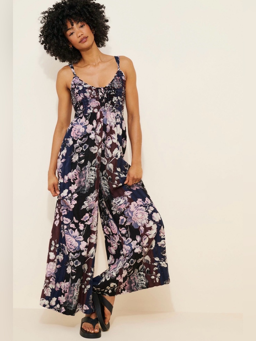 Free People Melrose Wide Leg Floral Jumpsuit Boho Smocked Size Medium